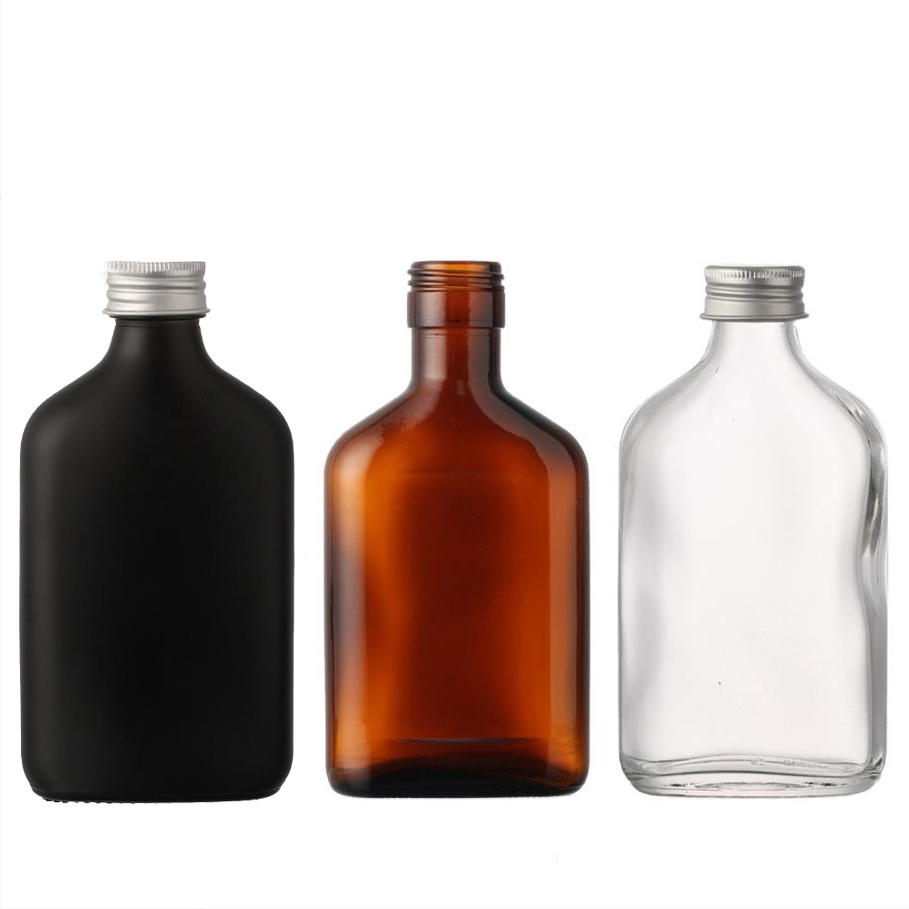 Amber Flat Flask 200ml Cold Brew Coffee Juice Glass Wine Bottle with Aluminum lid