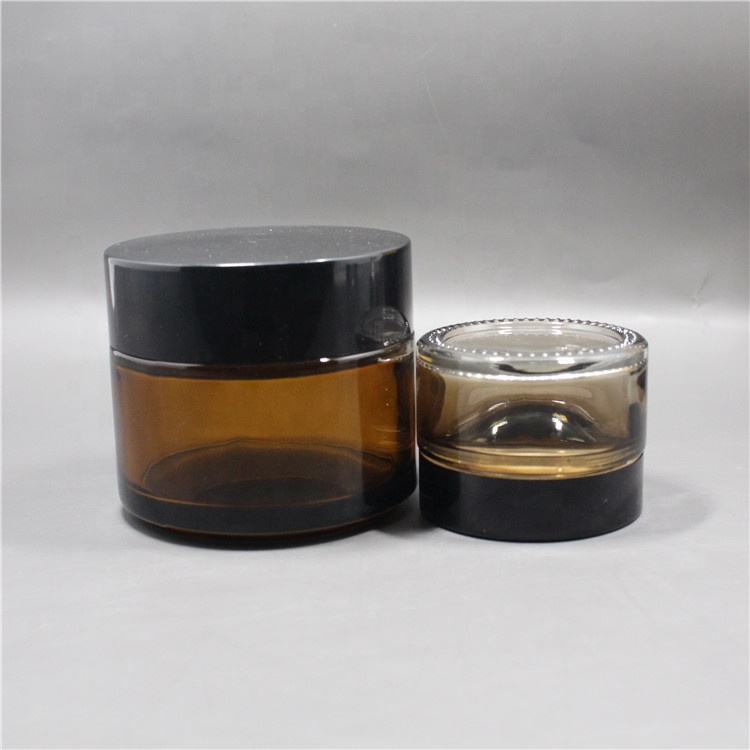 Amber Frosted Glass Cream Jar 50g Empty Cosmetic Container 1oz Make Up Cream Packaging With Black Cap