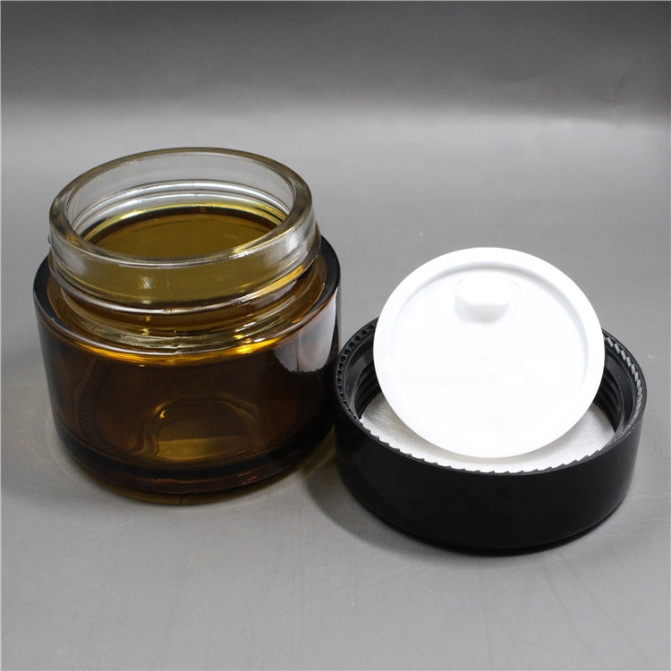 Amber Frosted Glass Cream Jar 50g Empty Cosmetic Container 1oz Make Up Cream Packaging With Black Cap