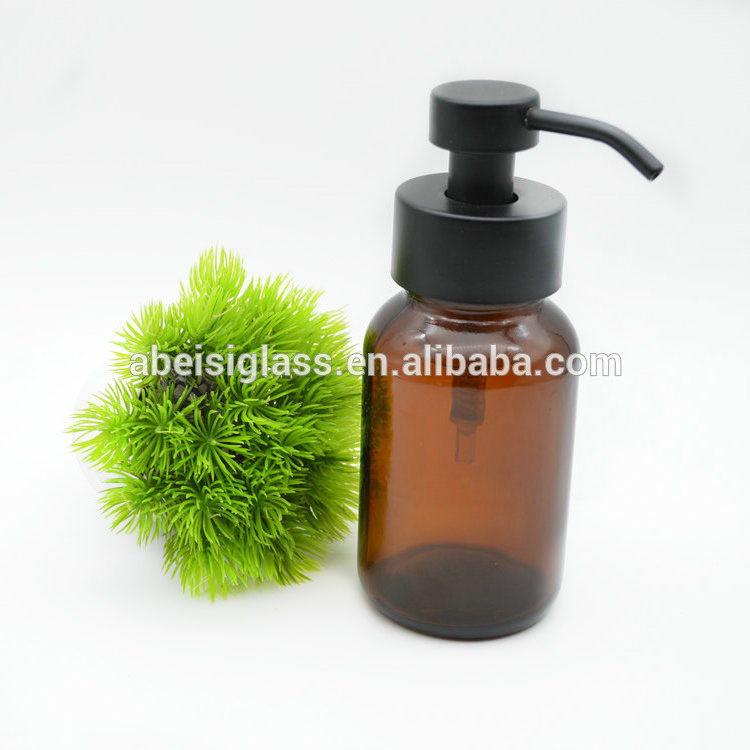 Amber Glass Apothecary Foaming Soap glass Dispenser Metal Pump bottle