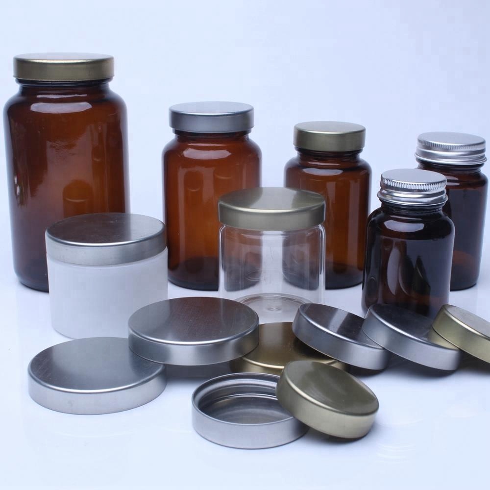 Amber Glass Jars Capsule Bottles With Various Metal Lids