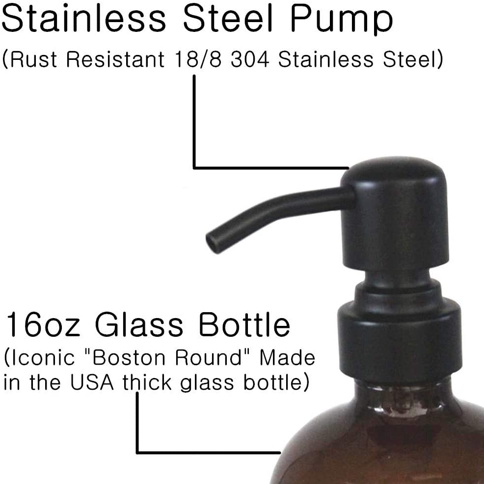 Amber Glass Soap Dispenser with Black Pump - 8oz Soap Bottle or Lotion Bottle by Industrial Rewind