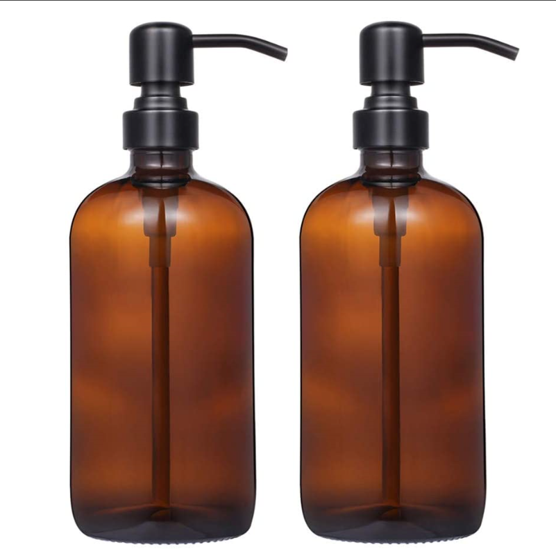 Amber Glass  Soap Dispenser with Pump Boston Round Bottles