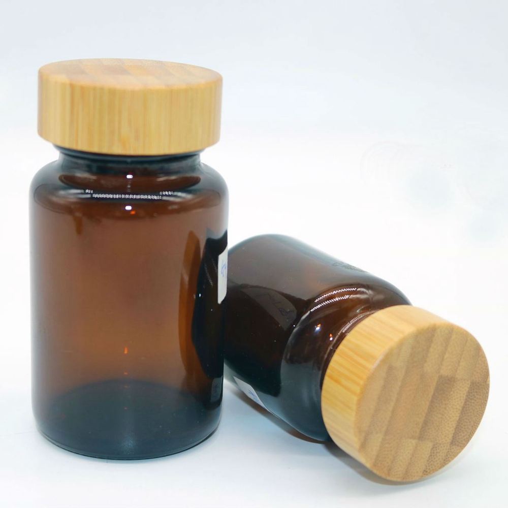 Amber Medical Glass Bottle With Bamboo Lid, Glass Bottle With Child-proof Bottle Cap
