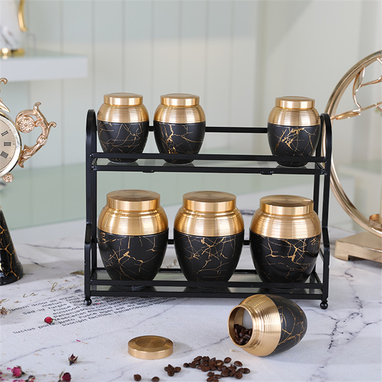 Amber New Custom Modern House Black Gold Porcelain Ceramic With Metal Stand Tea Storage Canister Jar Set