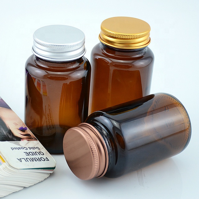 Amber Packers 100ml 150ml 250ml 300ml  Brown Pharmacy Medicine Wide Mouth Glass Bottle with Metal Lids