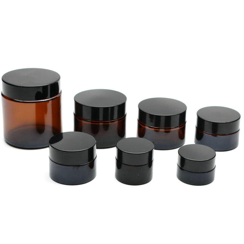Amber Round Glass Jars Empty Cosmetic Containers Dark Brown Glass Makeup Jar with Inner Liners and Black Screw Lid