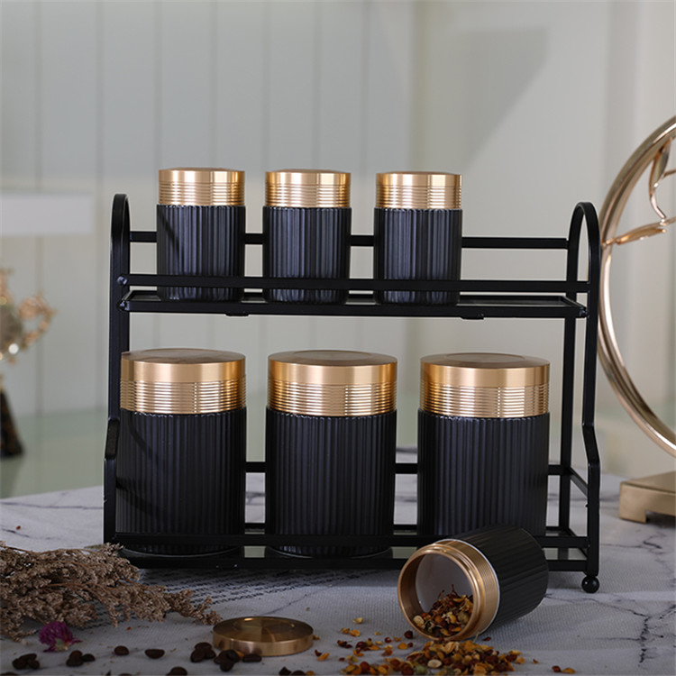 Amber Wholesale best selling all matt black porcelain jar porcelain canister set with metal stand