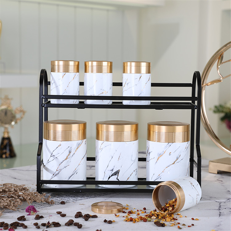 Amber Wholesale best selling kitchen goods marble white canister porcelain cruet set with metal stand
