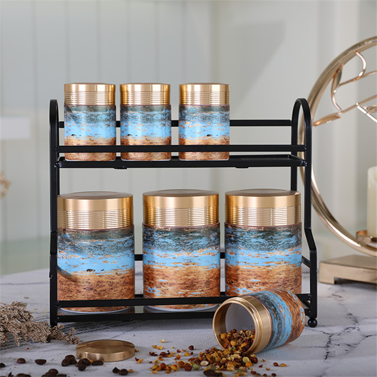 Amber Wholesale colorful ceramic marble jar with lid porcelain canister with AL lid and  metal stand