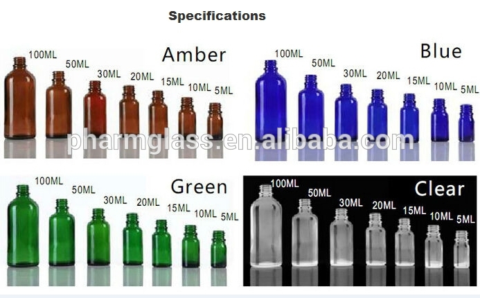 Amber blue green and clear glass bottle for cosmetic and pharmaceutical use