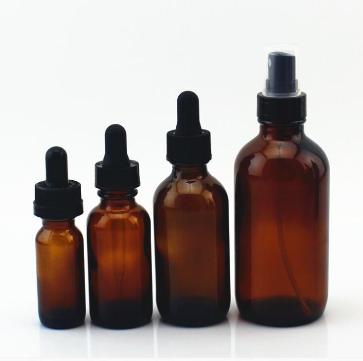 Amber boston glass bottle with dropper pump spray