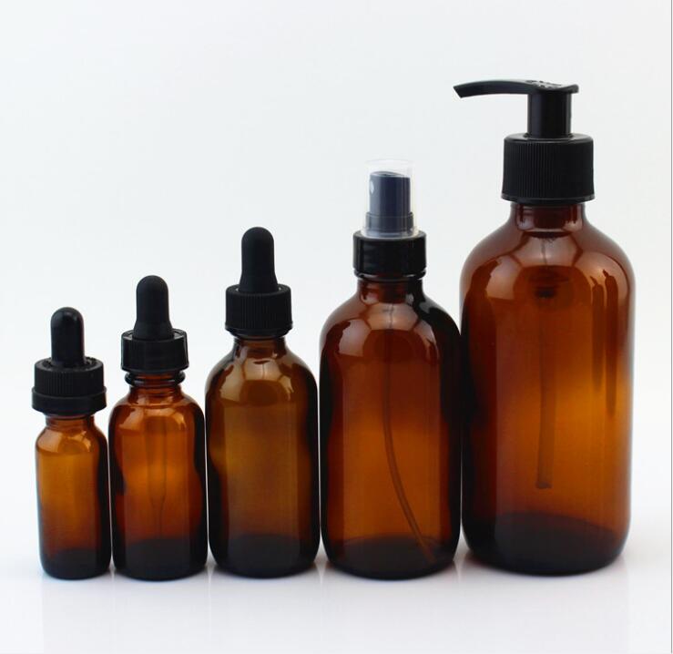Amber boston glass bottle with dropper pump spray