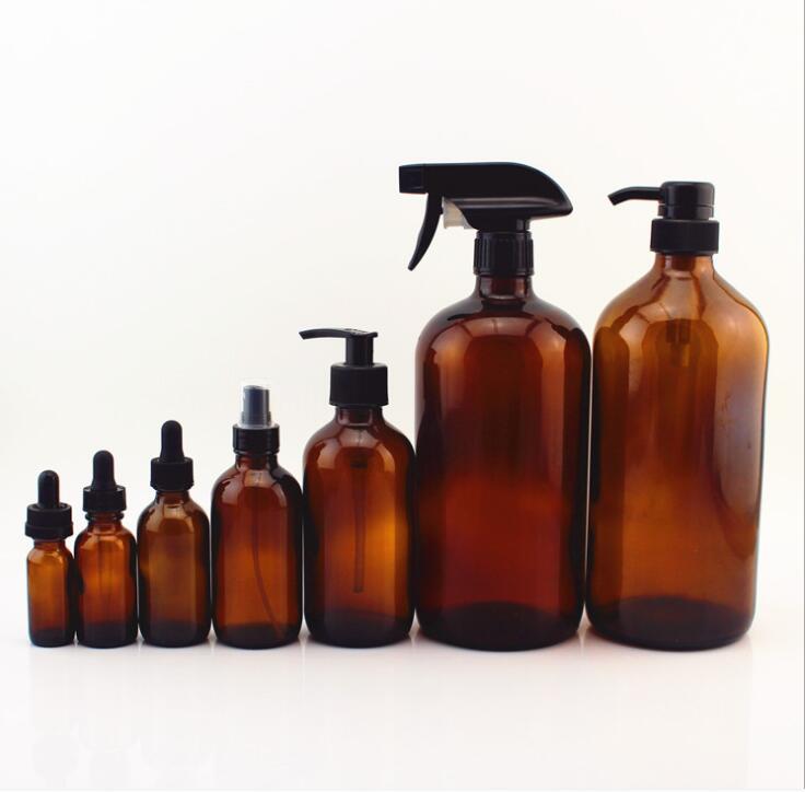 Amber boston glass bottle with dropper pump spray