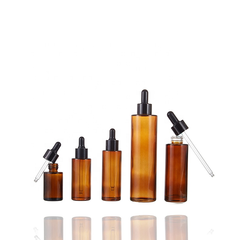 Amber clear 30ml 40ml 60ml 100ml 200ml flat shoulder cylinder glass dropper bottle for serum essential oil with black dropper