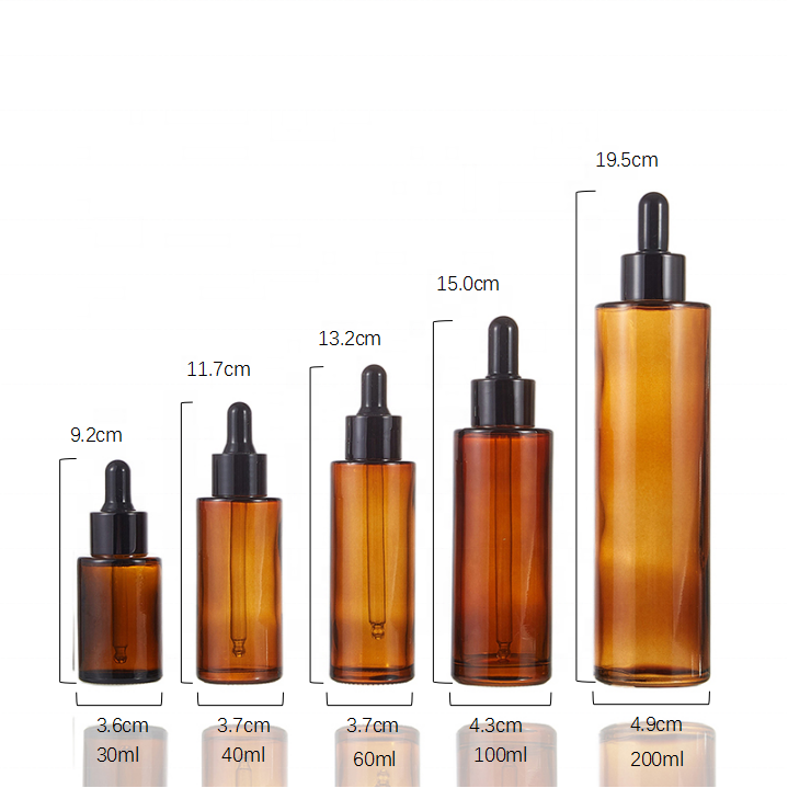 Amber clear 30ml 40ml 60ml 100ml 200ml flat shoulder cylinder glass dropper bottle for serum essential oil with black dropper