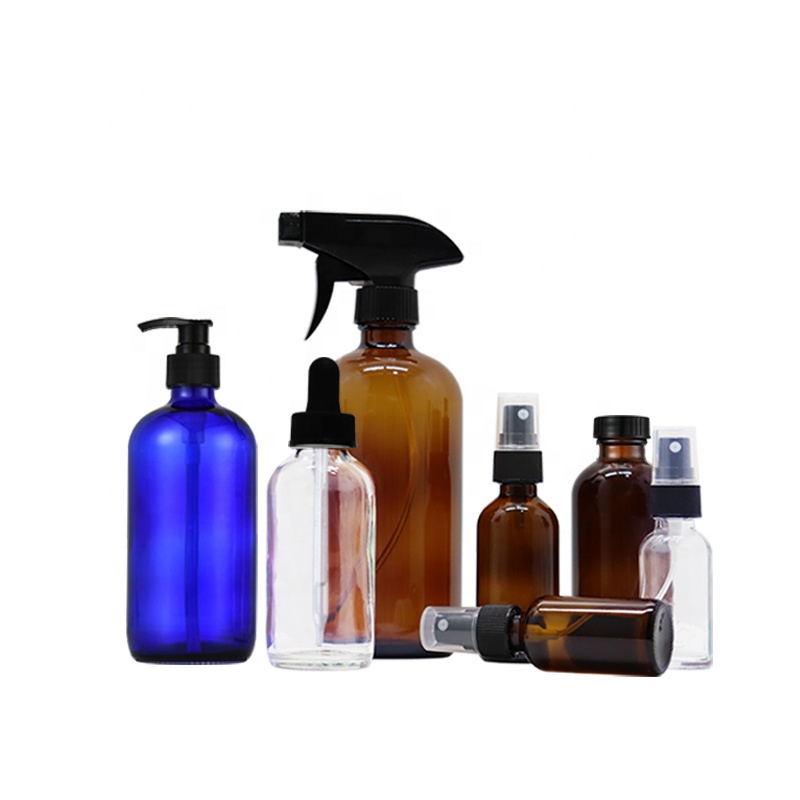 Amber clear blue round boston cosmetic 1oz 2oz 4oz 8oz 16oz 32oz glass pump sprayer bottle with black screw lid