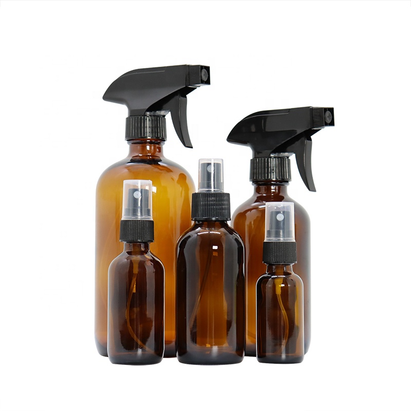 Amber clear blue round boston cosmetic 1oz 2oz 4oz 8oz 16oz 32oz glass pump sprayer bottle with black screw lid