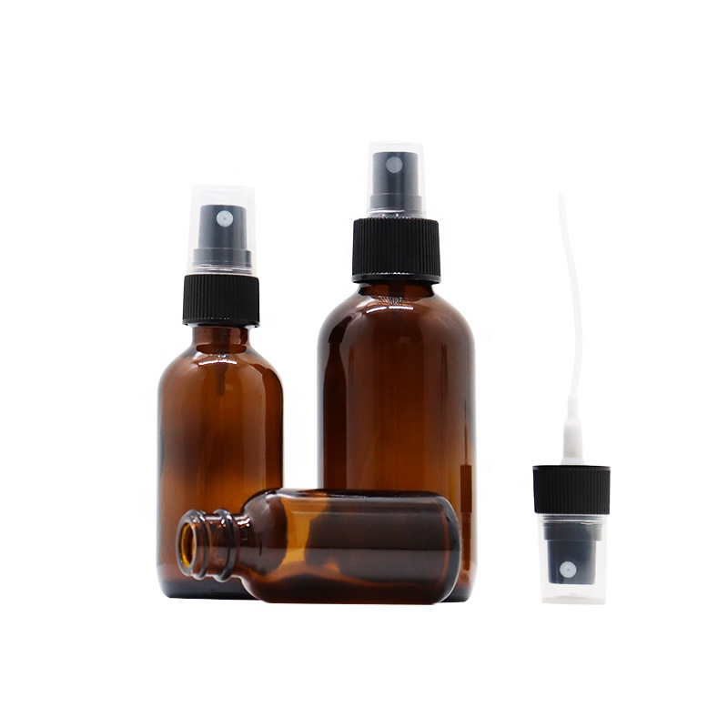 Amber clear blue round boston cosmetic 1oz 2oz 4oz 8oz 16oz 32oz glass pump sprayer bottle with black screw lid