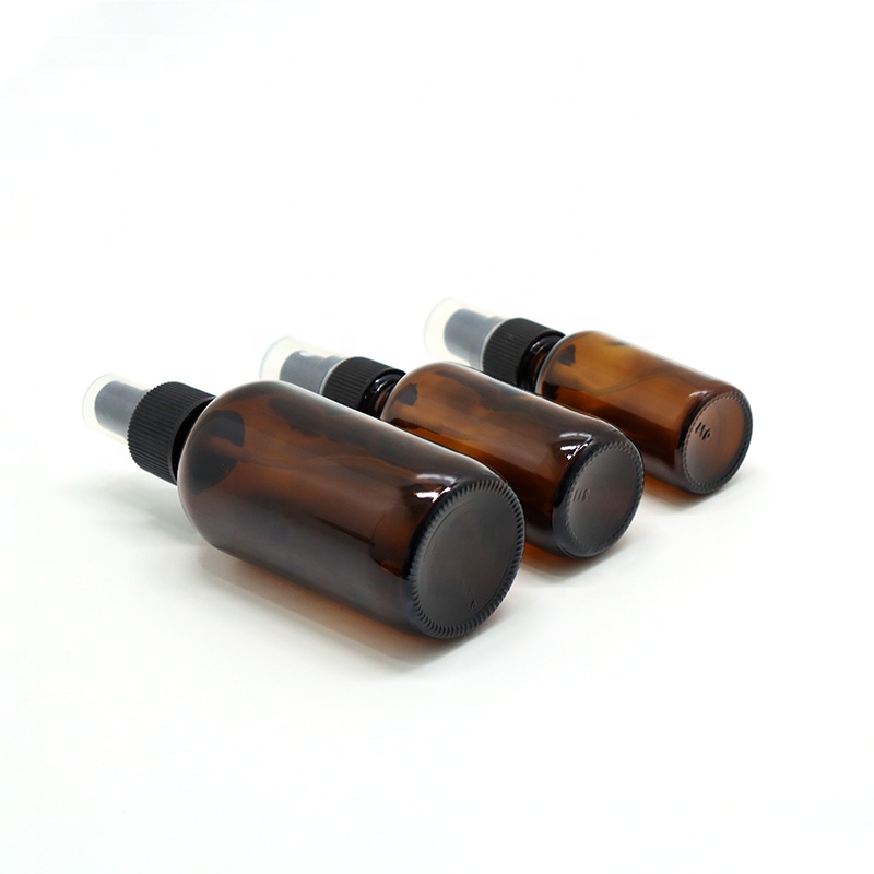 Amber clear blue round boston cosmetic 1oz 2oz 4oz 8oz 16oz 32oz glass pump sprayer bottle with black screw lid