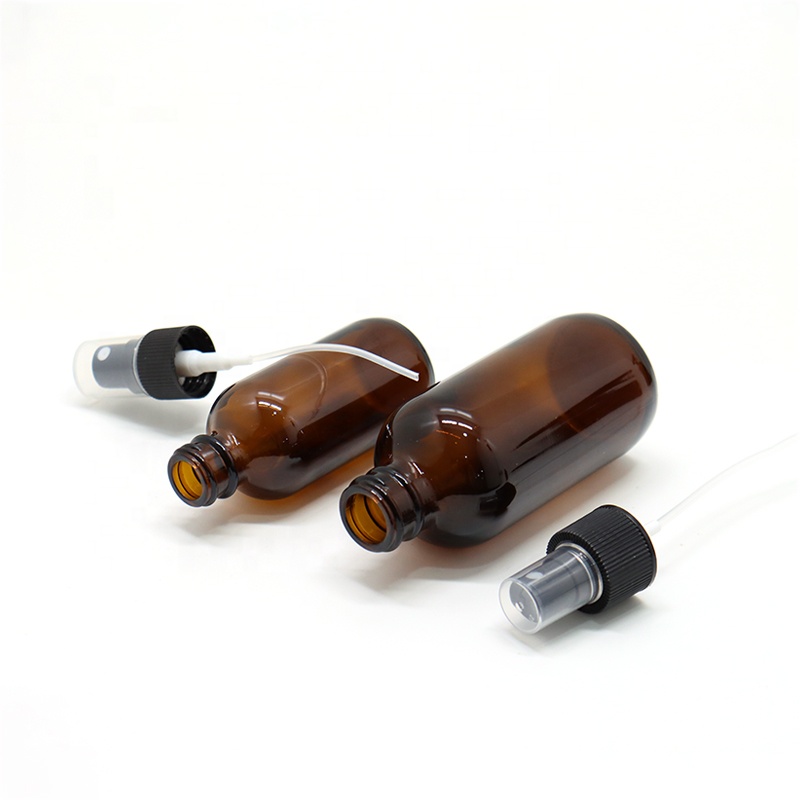 Amber clear blue round boston cosmetic 1oz 2oz 4oz 8oz 16oz 32oz glass pump sprayer bottle with black screw lid