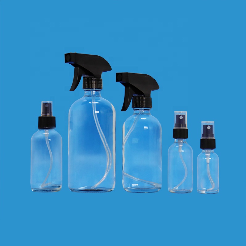 Amber clear blue round boston cosmetic 1oz 2oz 4oz 8oz 16oz 32oz glass pump sprayer bottle with black screw lid