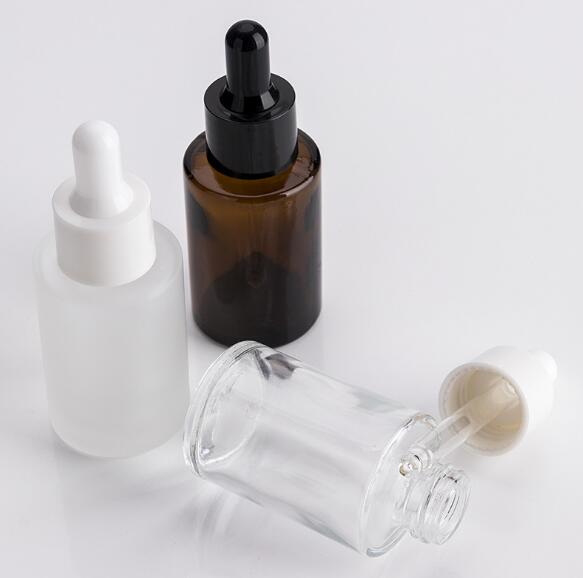 Amber clear frosted 1 oz 1oz 30 ml 30ml flat shoulder cylinder glass dropper bottle for serum essential oil