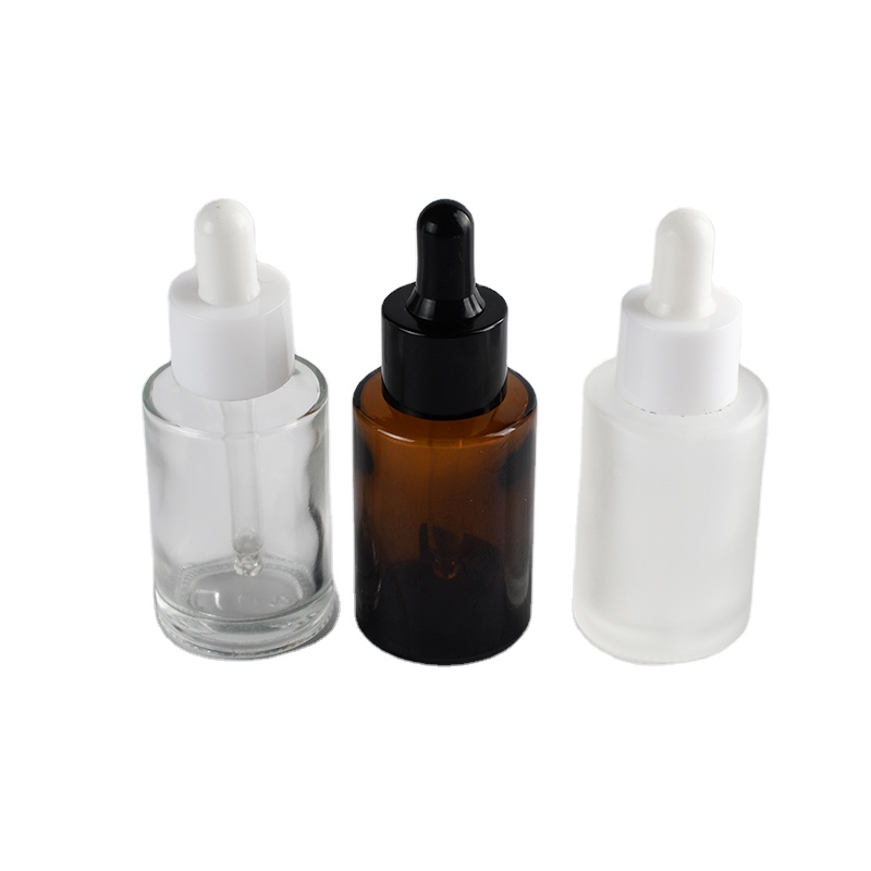 Amber clear frosted 1 oz 1oz 30 ml 30ml flat shoulder cylinder glass dropper bottle for serum essential oil