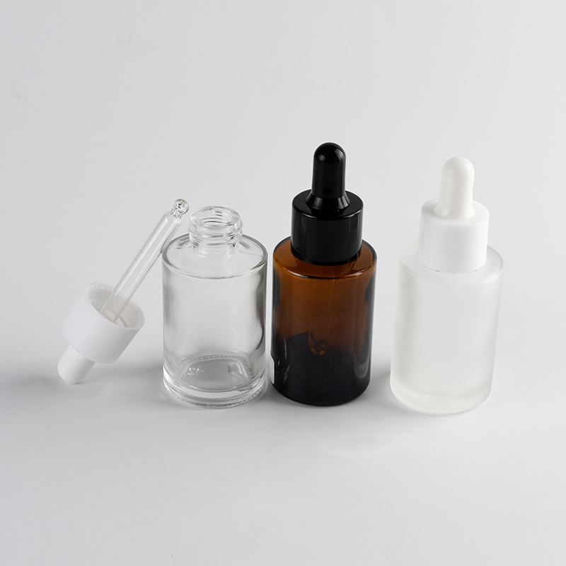 Amber clear frosted 1 oz 1oz 30 ml 30ml flat shoulder cylinder glass dropper bottle for serum essential oil