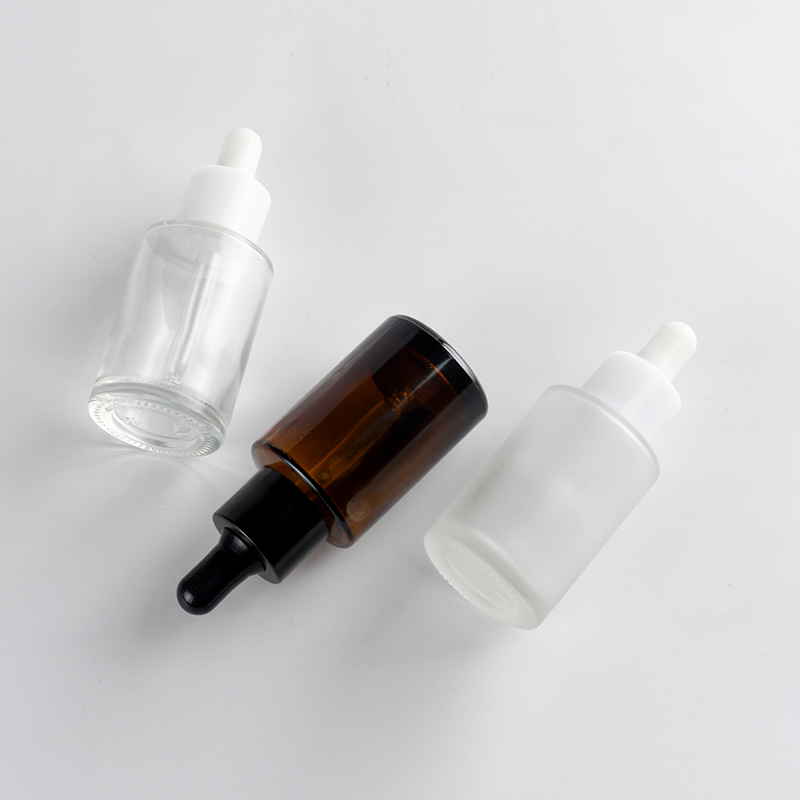 Amber clear frosted 1 oz 1oz 30 ml 30ml flat shoulder cylinder glass dropper bottle for serum essential oil