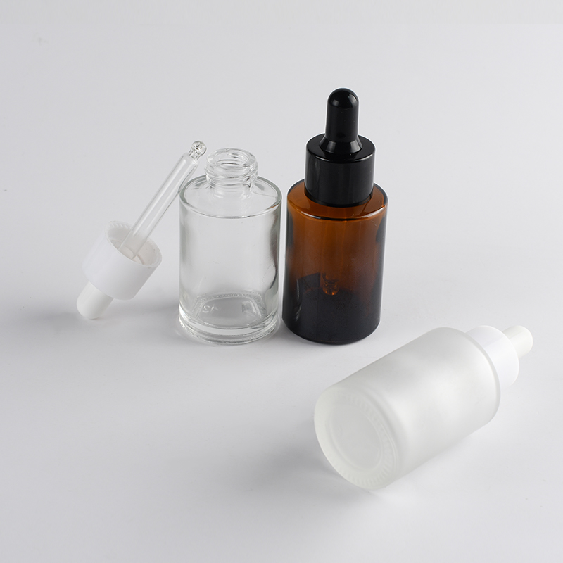 Amber clear frosted 1 oz 1oz 30 ml 30ml flat shoulder cylinder glass dropper bottle for serum essential oil