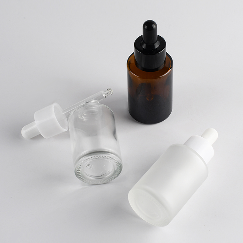 Amber clear frosted 1 oz 1oz 30 ml 30ml flat shoulder cylinder glass dropper bottle for serum essential oil