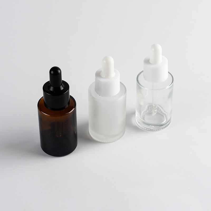 Amber clear frosted 1 oz 1oz 30 ml 30ml flat shoulder cylinder glass dropper bottle for serum essential oil