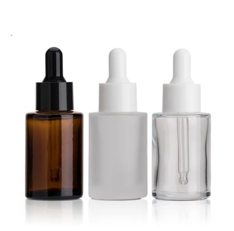 Amber clear frosted 1 oz 1oz 30 ml 30ml flat shoulder cylinder glass dropper bottle for serum essential oil