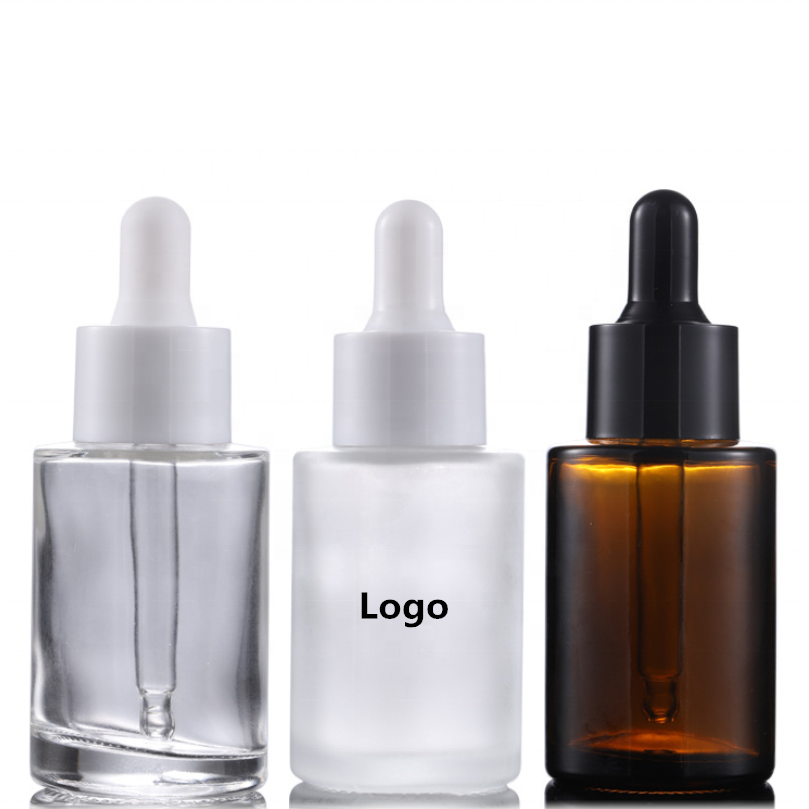 Amber clear frosted 1 oz 1oz 30 ml 30ml flat shoulder cylinder glass dropper bottle for serum essential oil