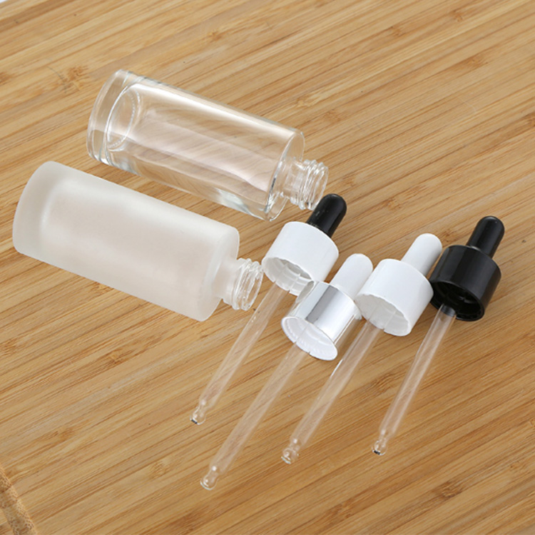 Amber clear frosted 1 oz 1oz 30 ml 30ml flat shoulder cylinder glass dropper bottle for serum essential oil