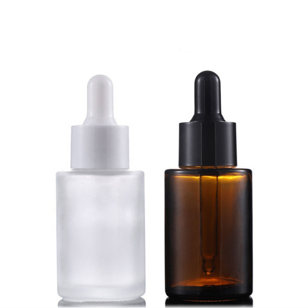Amber clear frosted 1 oz 1oz 30 ml flat shoulder cylinder glass dropper bottle for serum essential oil