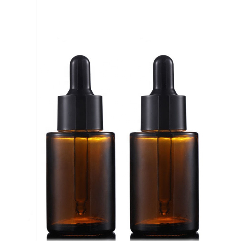 Amber clear frosted 1 oz 1oz 30 ml flat shoulder cylinder glass dropper bottle for serum essential oil