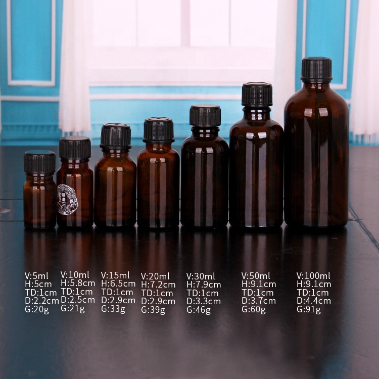 Amber color 10ml 30ml 50ml essential oil packaging bottle glass bottle with plastic dropper