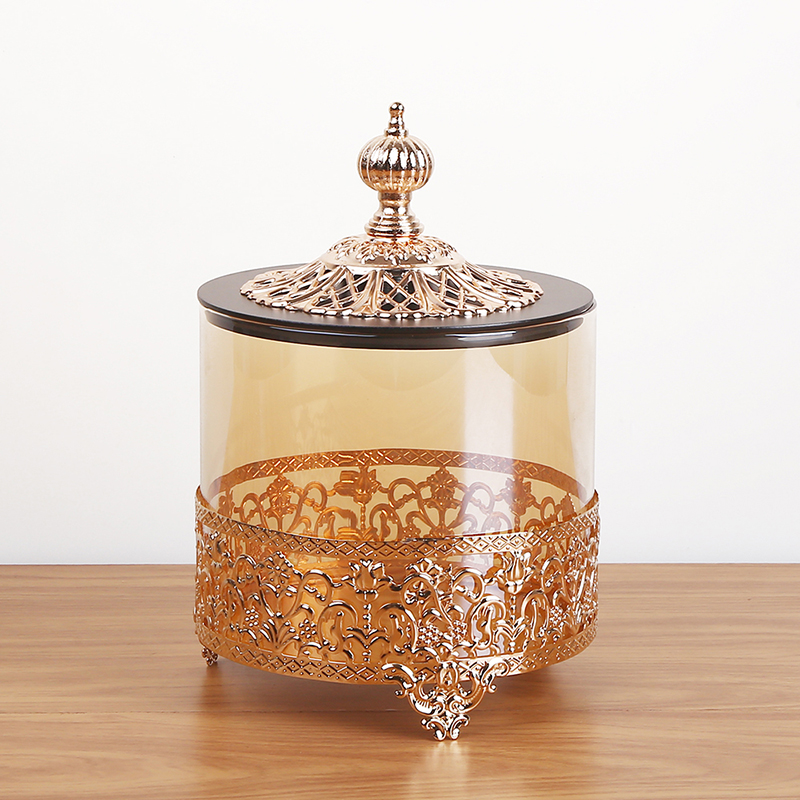 Amber color European  hotel decorations glassware furnishing glass jars with metal stand