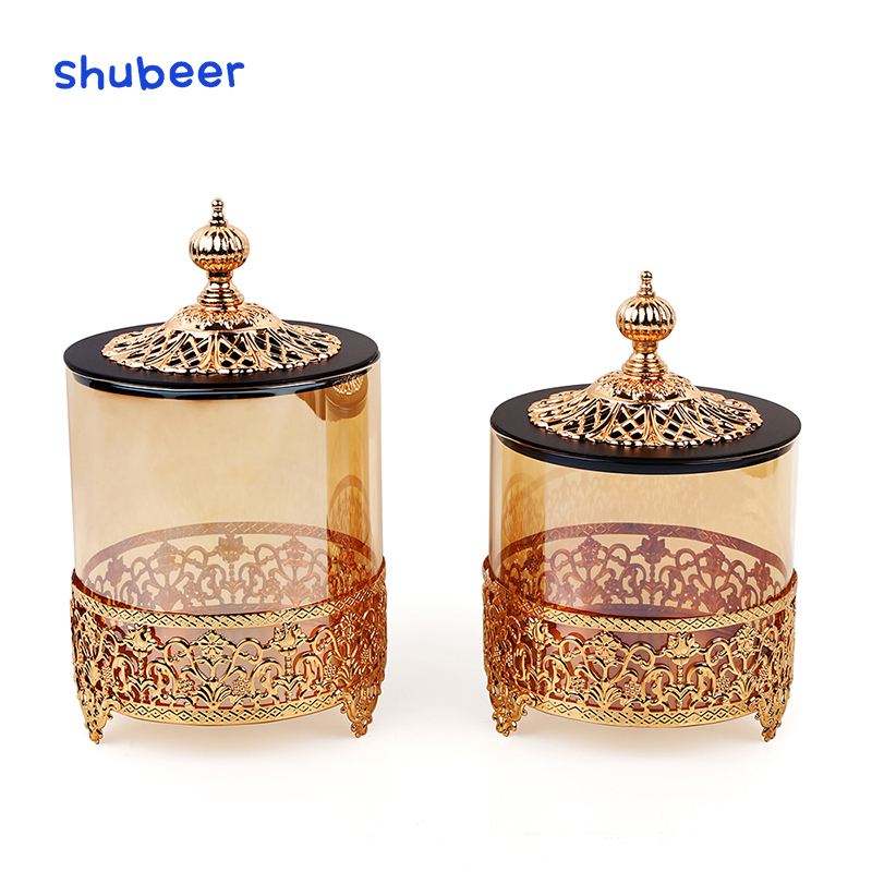 Amber color European hotel decorations glassware furnishing glass jars with metal stand