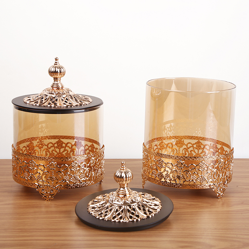 Amber color European hotel decorations glassware furnishing glass jars with metal stand