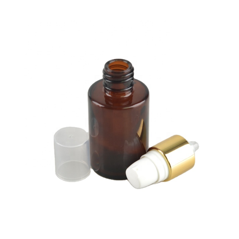 Amber glass cosmetic bottles and jars cosmetic packaging set wholesale with golden caps, 50ml 200g 200ml amber cream glass jar