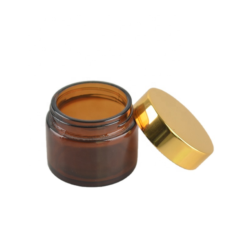 Amber glass cosmetic bottles and jars cosmetic packaging set wholesale with golden caps, 50ml 200g 200ml amber cream glass jar