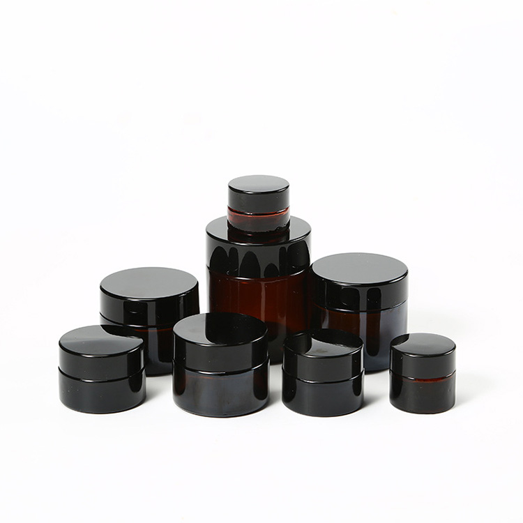 Amber glass cream jar bottle with screw black lid and inner pad cosmetic storage container for skincare cream eye cream serum