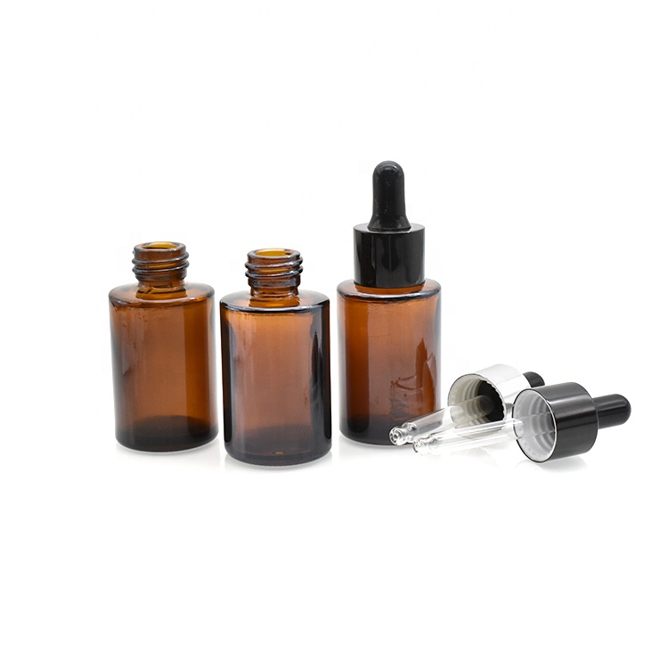 Amber glass dropper bottle 30ml flat shoulder glass bottle with gold silver cap for cosmetic essential oil