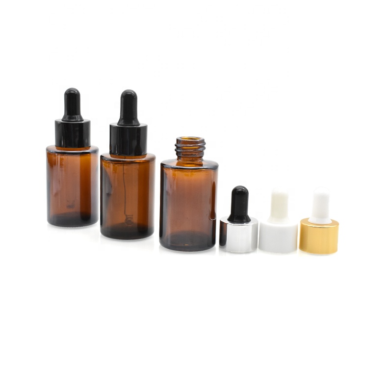 Amber glass dropper bottle 30ml flat shoulder glass bottle with gold silver cap for cosmetic essential oil