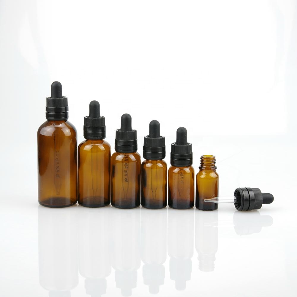 Amber glass dropper bottle with child resistant tamper evident dropper for essential oil