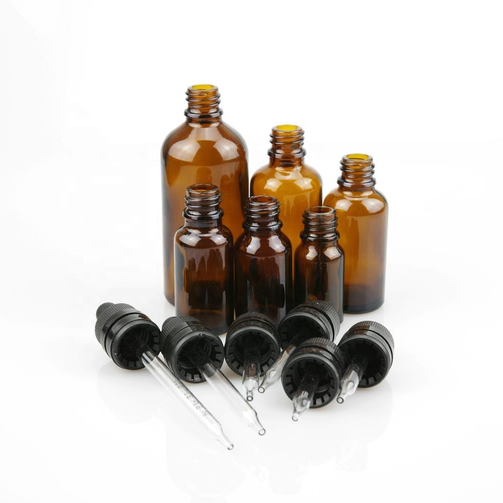 Amber glass dropper bottle with child resistant tamper evident dropper for essential oil