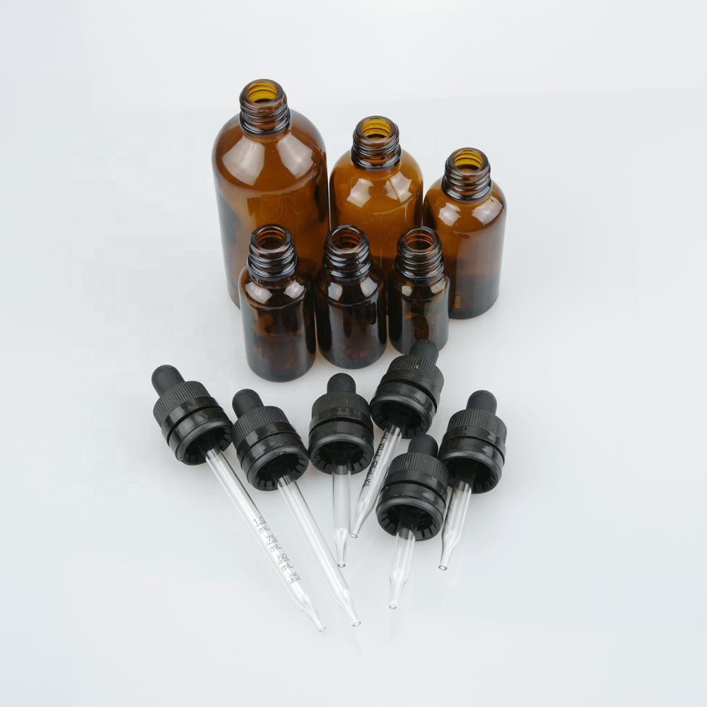 Amber glass dropper bottle with child resistant tamper evident dropper for essential oil